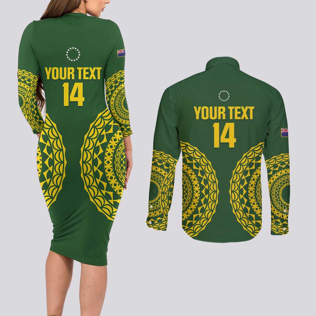 Custom Avaiki Cook Islands Rugby Couples Matching Long Sleeve Bodycon Dress and Long Sleeve Button Shirt Kuki Airani Tatau Green - Polynesian Pride