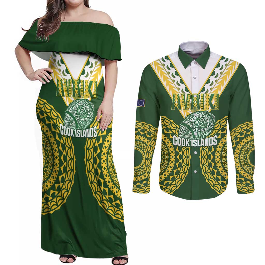 Custom Avaiki Cook Islands Rugby Couples Matching Off Shoulder Maxi Dress and Long Sleeve Button Shirt Kuki Airani Tatau Green - Polynesian Pride
