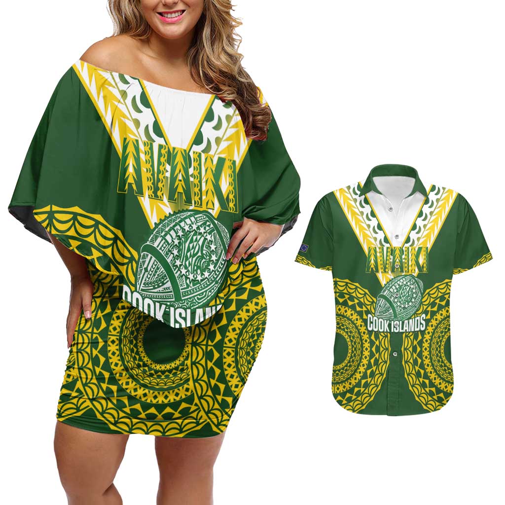 Custom Avaiki Cook Islands Rugby Couples Matching Off Shoulder Short Dress and Hawaiian Shirt Kuki Airani Tatau Green - Polynesian Pride