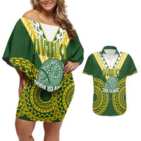Custom Avaiki Cook Islands Rugby Couples Matching Off Shoulder Short Dress and Hawaiian Shirt Kuki Airani Tatau Green - Polynesian Pride