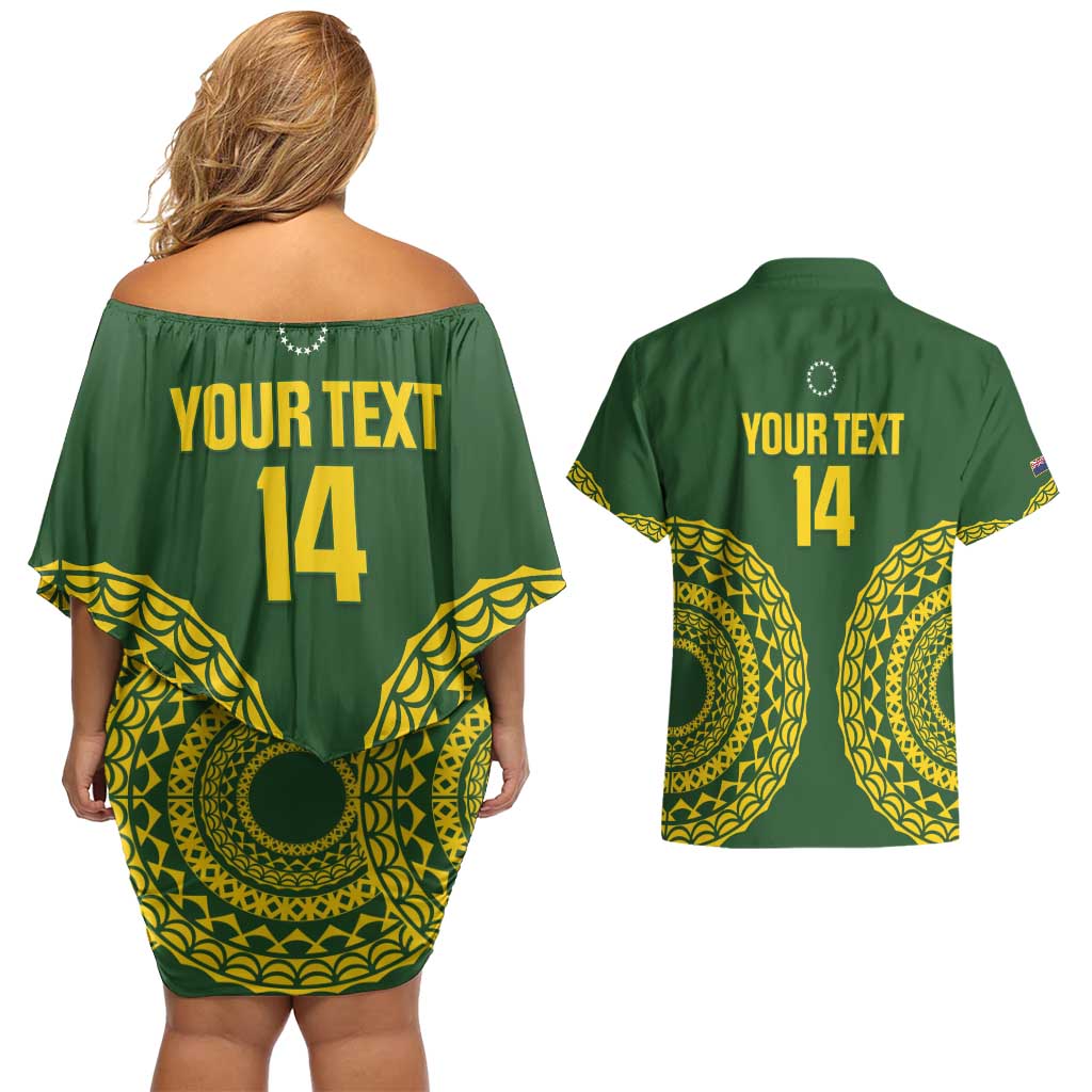 Custom Avaiki Cook Islands Rugby Couples Matching Off Shoulder Short Dress and Hawaiian Shirt Kuki Airani Tatau Green - Polynesian Pride