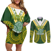 Custom Avaiki Cook Islands Rugby Couples Matching Off Shoulder Short Dress and Long Sleeve Button Shirt Kuki Airani Tatau Green - Polynesian Pride