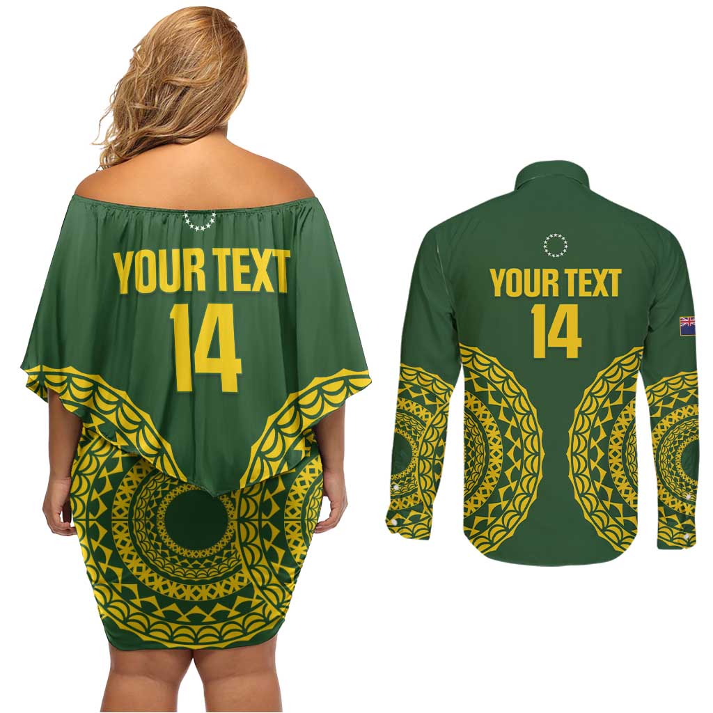 Custom Avaiki Cook Islands Rugby Couples Matching Off Shoulder Short Dress and Long Sleeve Button Shirt Kuki Airani Tatau Green - Polynesian Pride