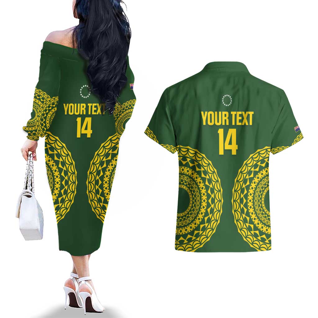 Custom Avaiki Cook Islands Rugby Couples Matching Off The Shoulder Long Sleeve Dress and Hawaiian Shirt Kuki Airani Tatau Green - Polynesian Pride