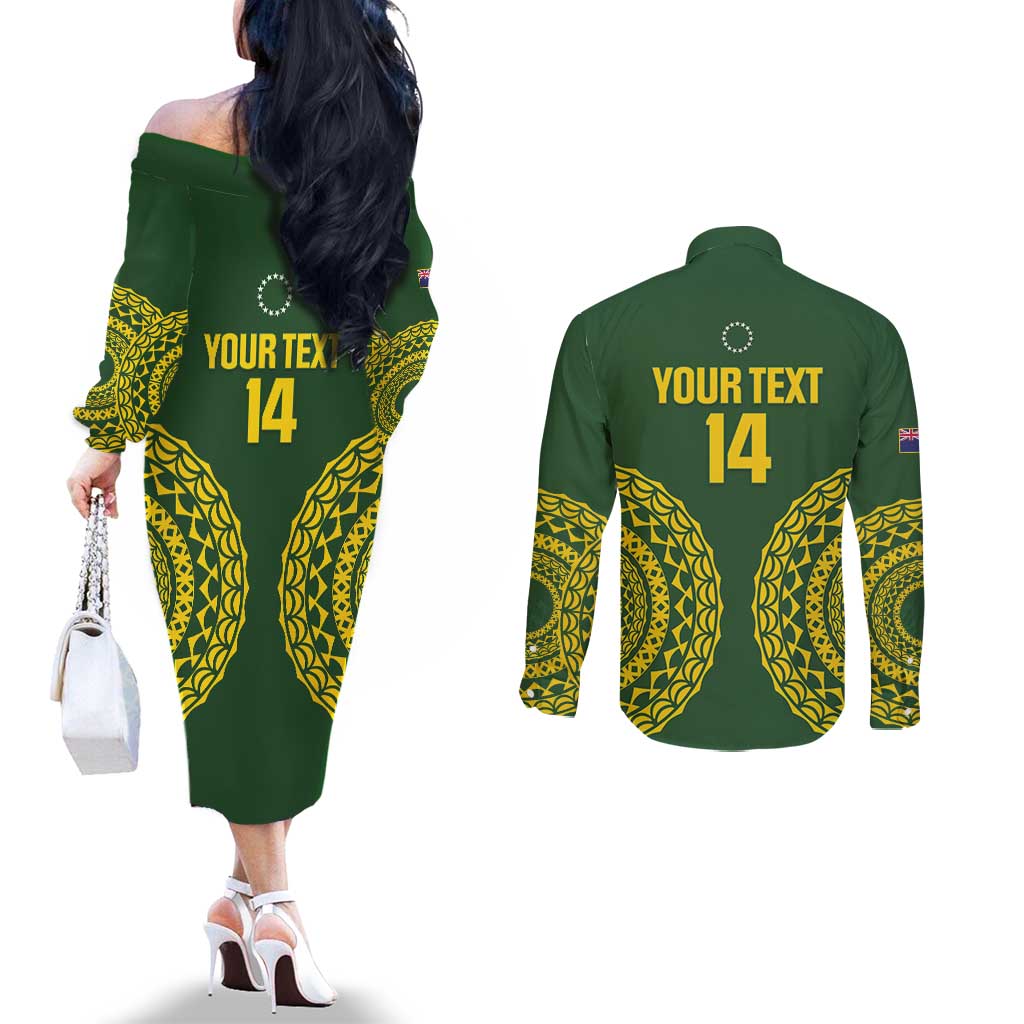 Custom Avaiki Cook Islands Rugby Couples Matching Off The Shoulder Long Sleeve Dress and Long Sleeve Button Shirt Kuki Airani Tatau Green - Polynesian Pride