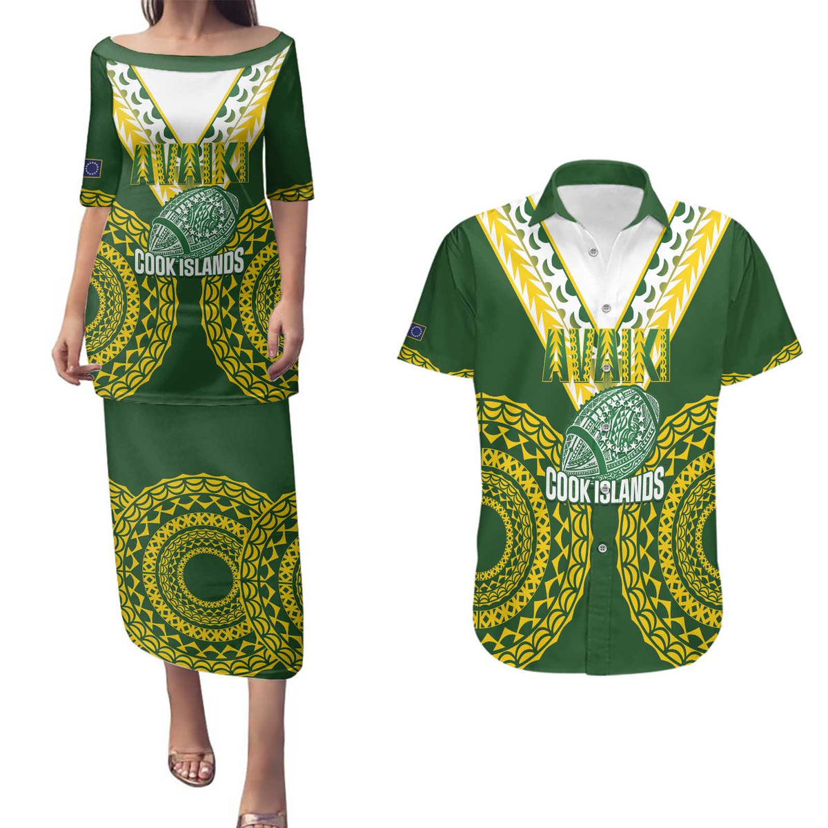 Custom Avaiki Cook Islands Rugby Couples Matching Puletasi and Hawaiian Shirt Kuki Airani Tatau Green - Polynesian Pride