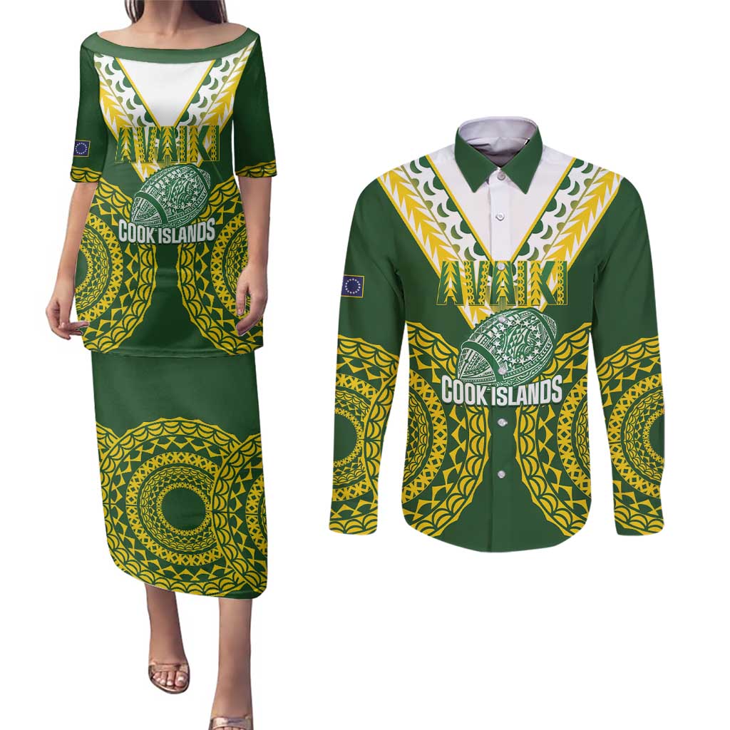 Custom Avaiki Cook Islands Rugby Couples Matching Puletasi and Long Sleeve Button Shirt Kuki Airani Tatau Green - Polynesian Pride