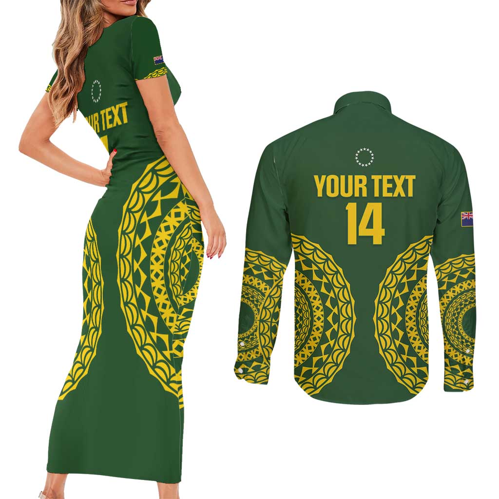 Custom Avaiki Cook Islands Rugby Couples Matching Short Sleeve Bodycon Dress and Long Sleeve Button Shirt Kuki Airani Tatau Green - Polynesian Pride