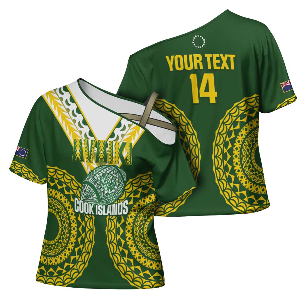 Custom Avaiki Cook Islands Rugby Cross Shoulder Shirt Kuki Airani Tatau Green - Polynesian Pride