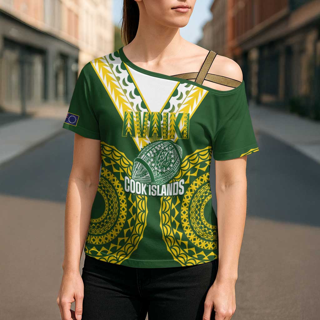 Custom Avaiki Cook Islands Rugby Cross Shoulder Shirt Kuki Airani Tatau Green - Polynesian Pride