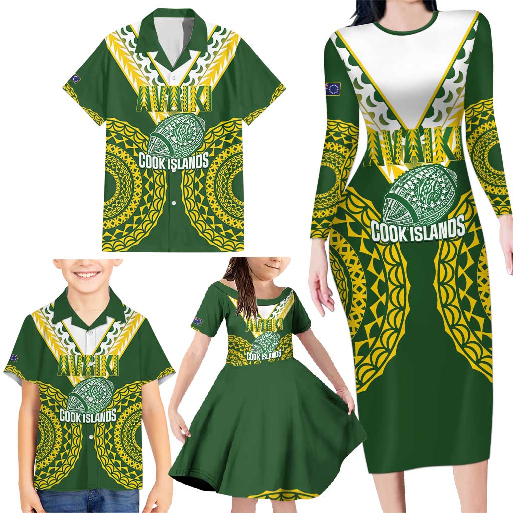 Custom Avaiki Cook Islands Rugby Family Matching Long Sleeve Bodycon Dress and Hawaiian Shirt Kuki Airani Tatau Green - Polynesian Pride