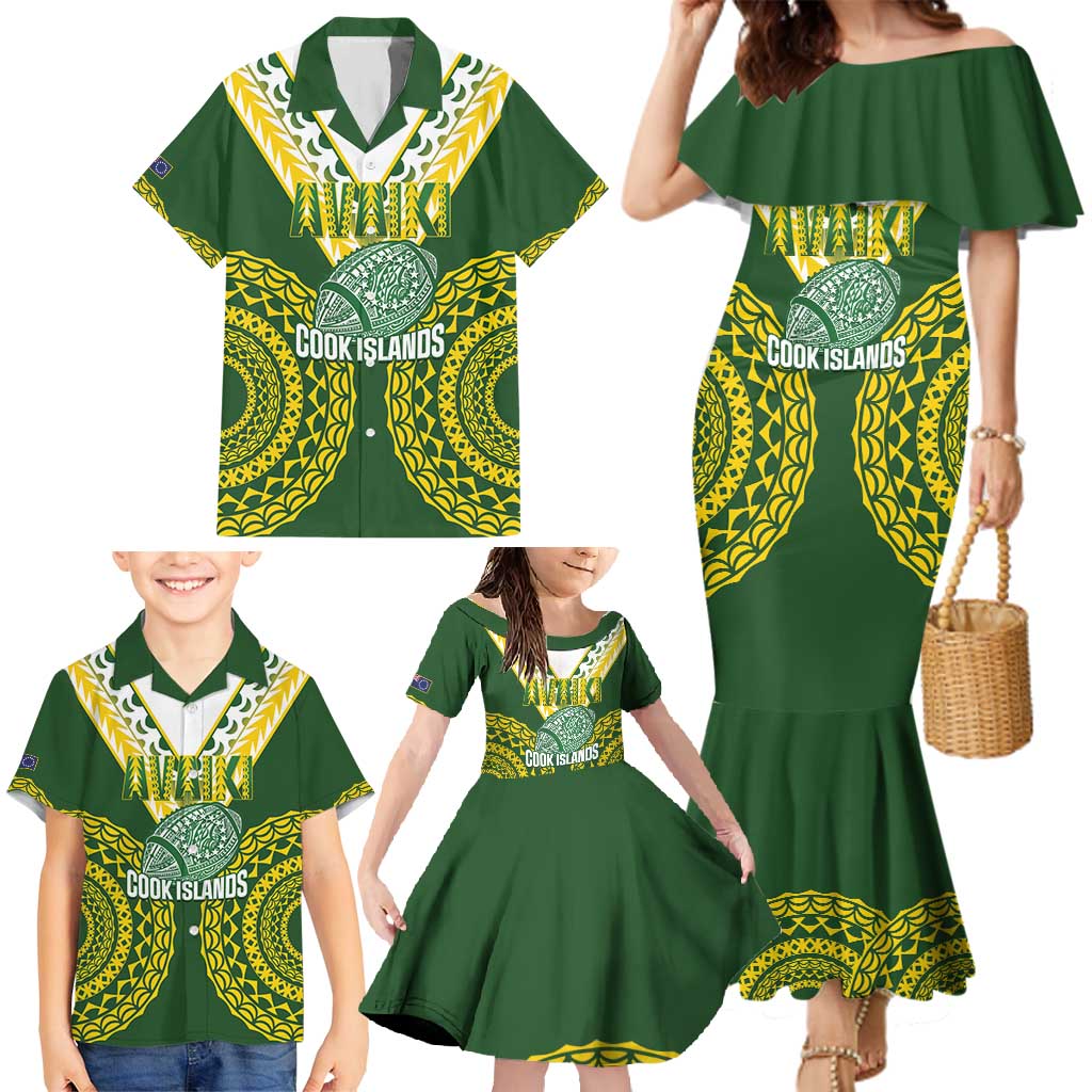 Custom Avaiki Cook Islands Rugby Family Matching Mermaid Dress and Hawaiian Shirt Kuki Airani Tatau Green - Polynesian Pride
