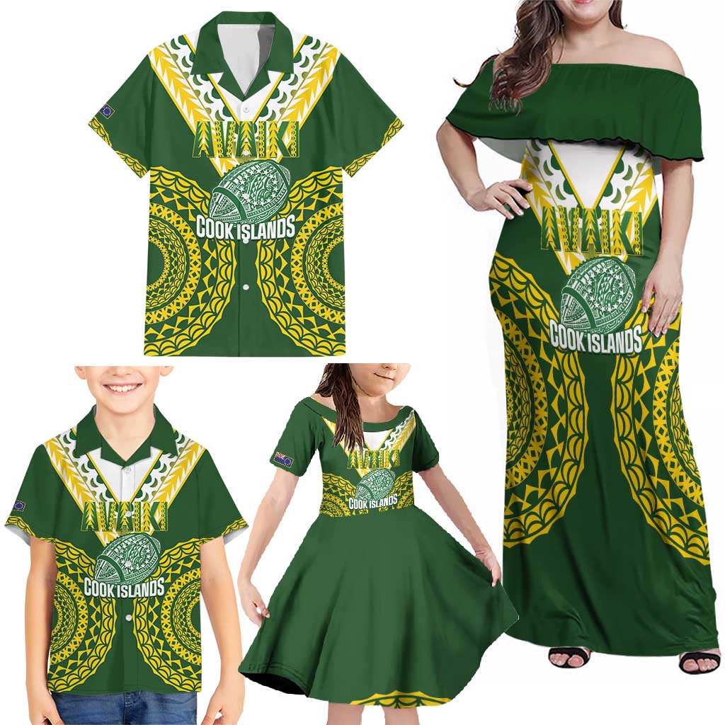 Custom Avaiki Cook Islands Rugby Family Matching Off Shoulder Maxi Dress and Hawaiian Shirt Kuki Airani Tatau Green - Polynesian Pride