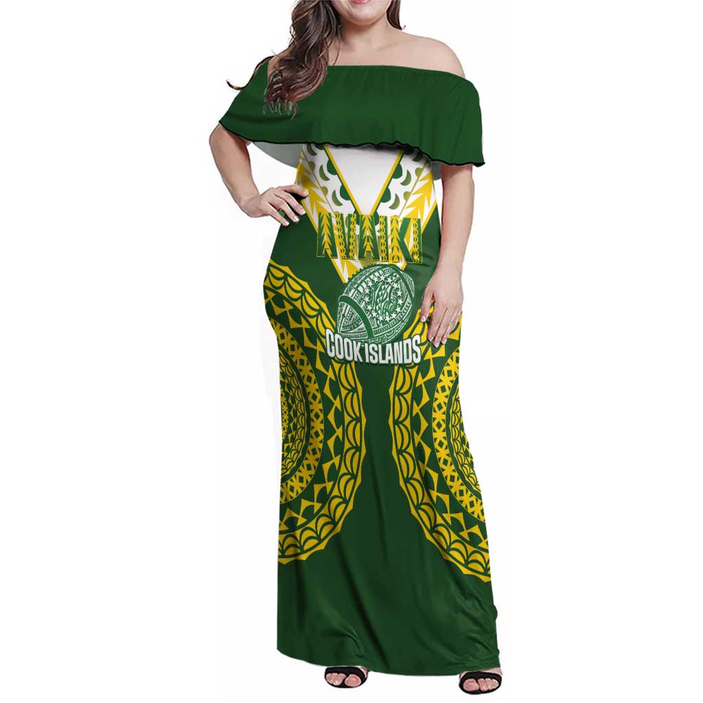 Custom Avaiki Cook Islands Rugby Family Matching Off Shoulder Maxi Dress and Hawaiian Shirt Kuki Airani Tatau Green - Polynesian Pride