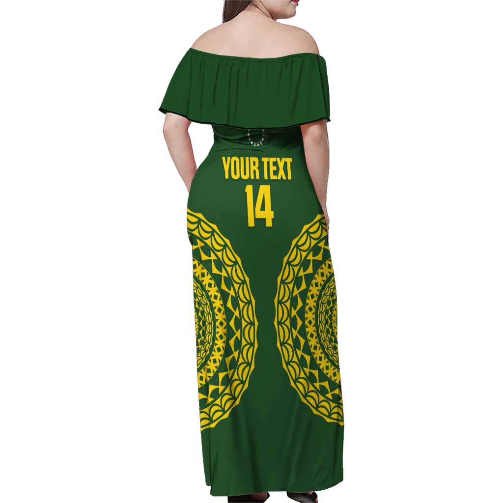 Custom Avaiki Cook Islands Rugby Family Matching Off Shoulder Maxi Dress and Hawaiian Shirt Kuki Airani Tatau Green - Polynesian Pride