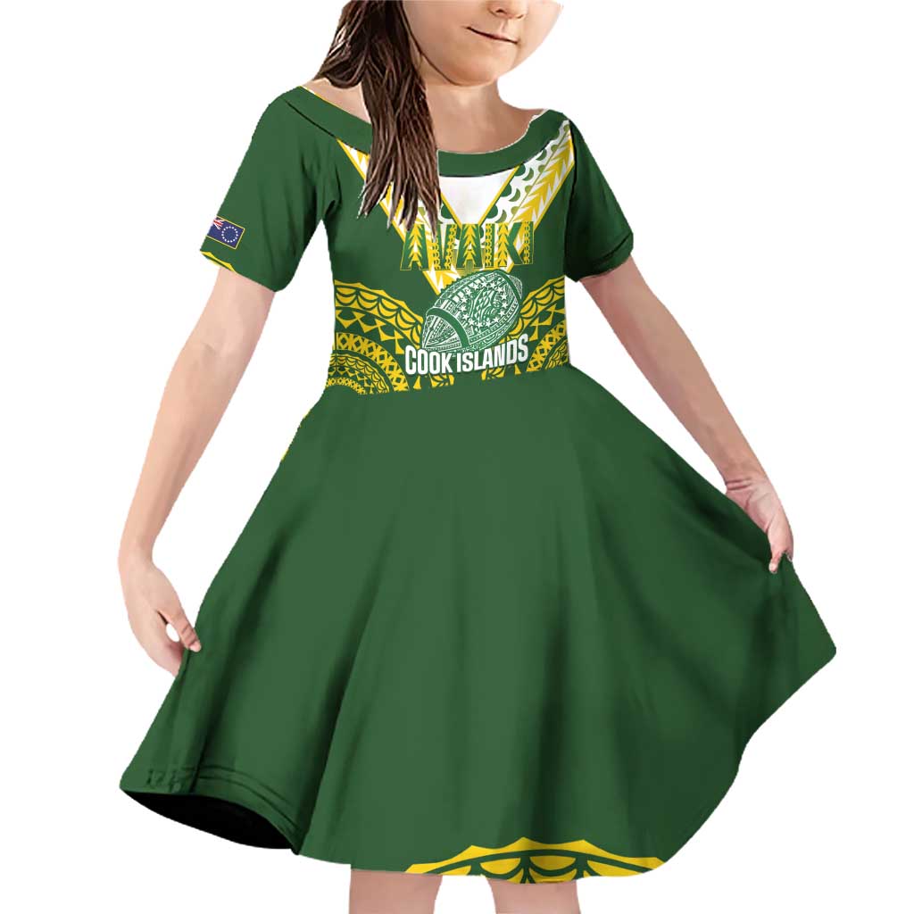 Custom Avaiki Cook Islands Rugby Family Matching Off Shoulder Short Dress and Hawaiian Shirt Kuki Airani Tatau Green - Polynesian Pride