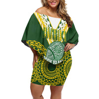 Custom Avaiki Cook Islands Rugby Family Matching Off Shoulder Short Dress and Hawaiian Shirt Kuki Airani Tatau Green - Polynesian Pride