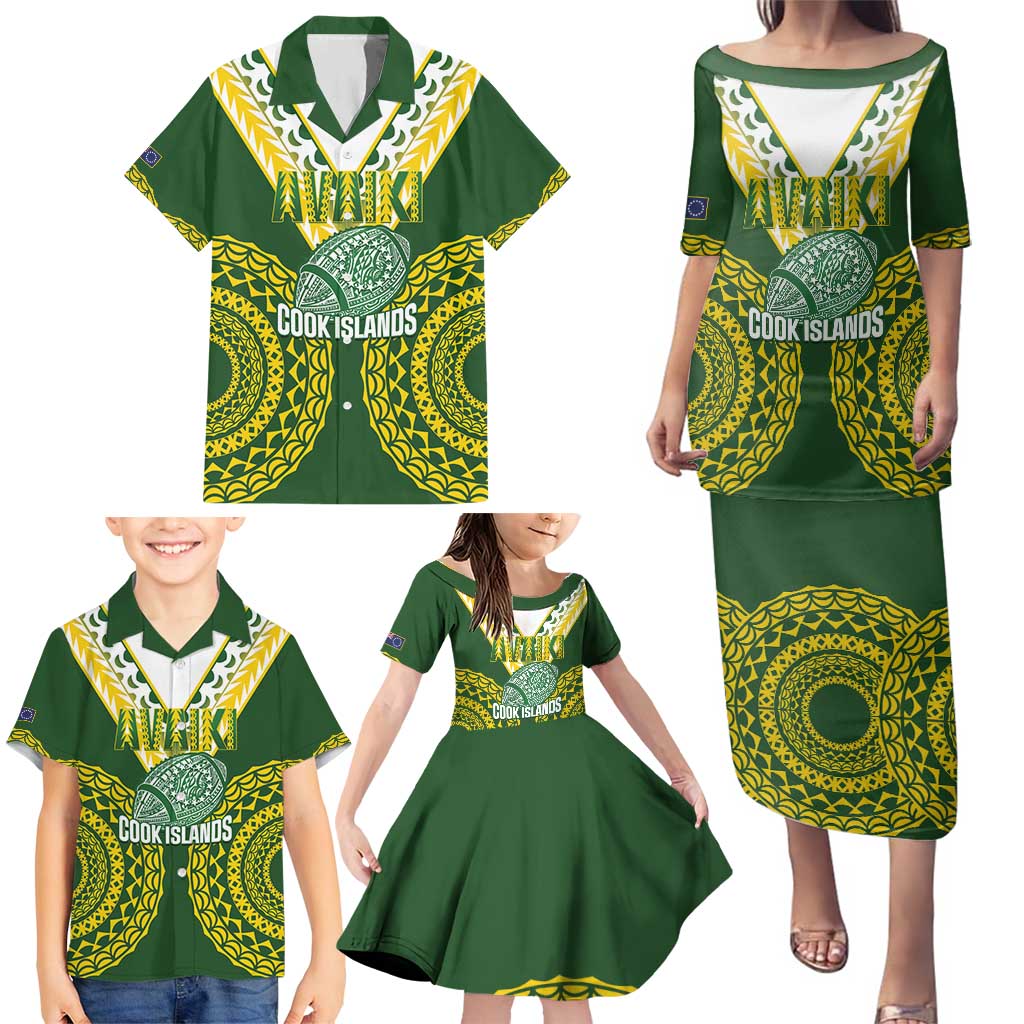 Custom Avaiki Cook Islands Rugby Family Matching Puletasi and Hawaiian Shirt Kuki Airani Tatau Green - Polynesian Pride