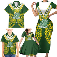 Custom Avaiki Cook Islands Rugby Family Matching Short Sleeve Bodycon Dress and Hawaiian Shirt Kuki Airani Tatau Green - Polynesian Pride