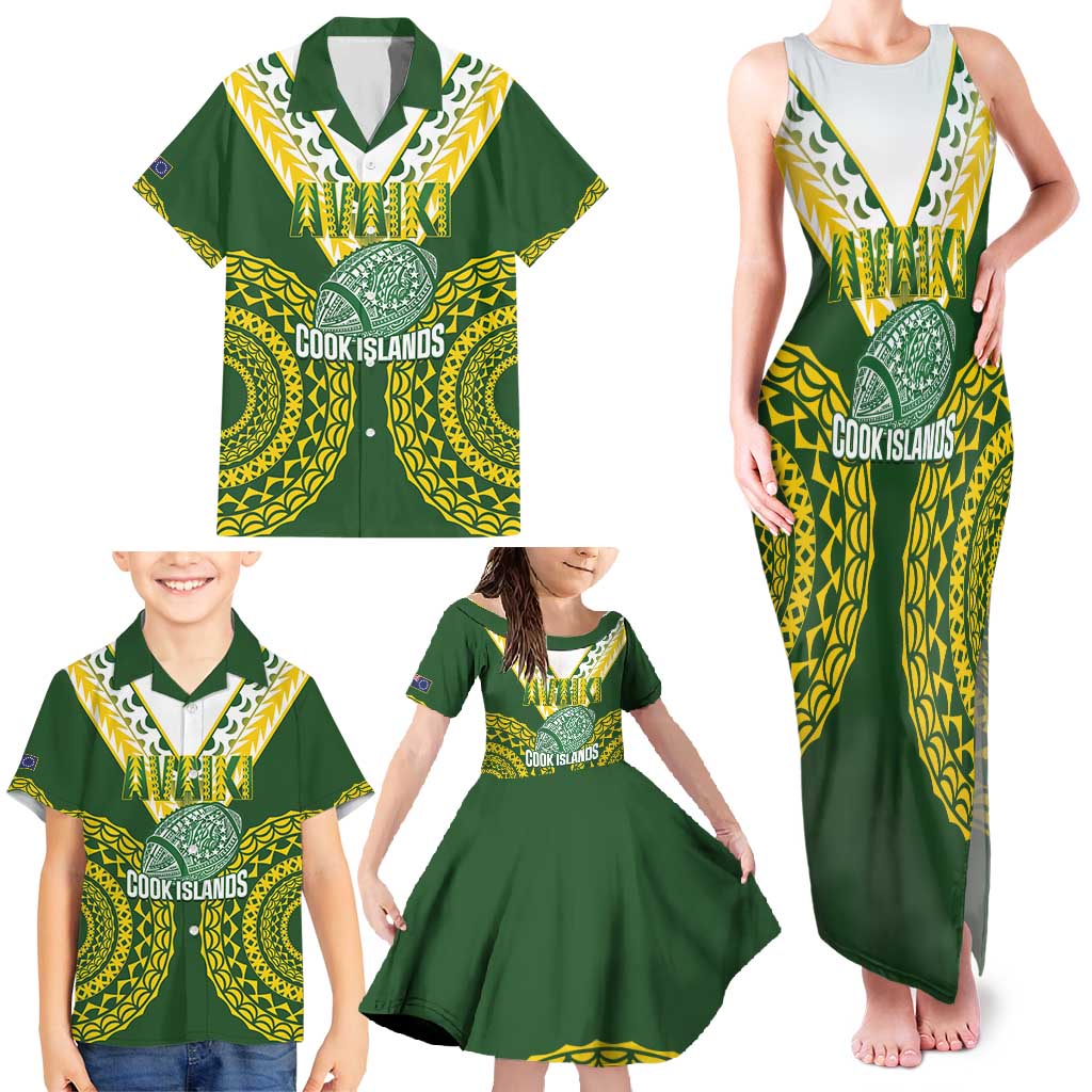 Custom Avaiki Cook Islands Rugby Family Matching Tank Maxi Dress and Hawaiian Shirt Kuki Airani Tatau Green - Polynesian Pride