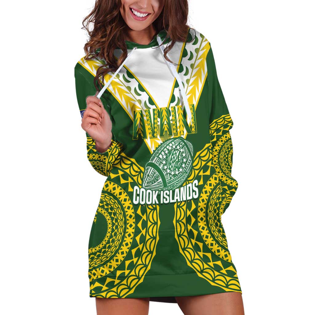 Custom Avaiki Cook Islands Rugby Hoodie Dress Kuki Airani Tatau Green - Polynesian Pride
