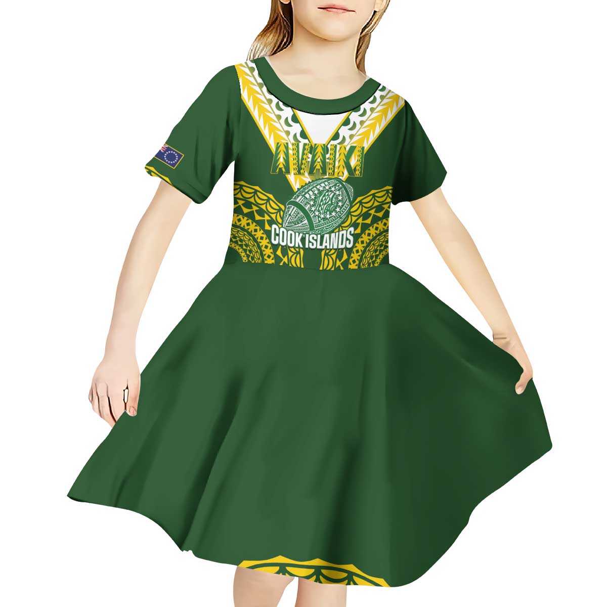 Custom Avaiki Cook Islands Rugby Kid Short Sleeve Dress Kuki Airani Tatau Green - Polynesian Pride