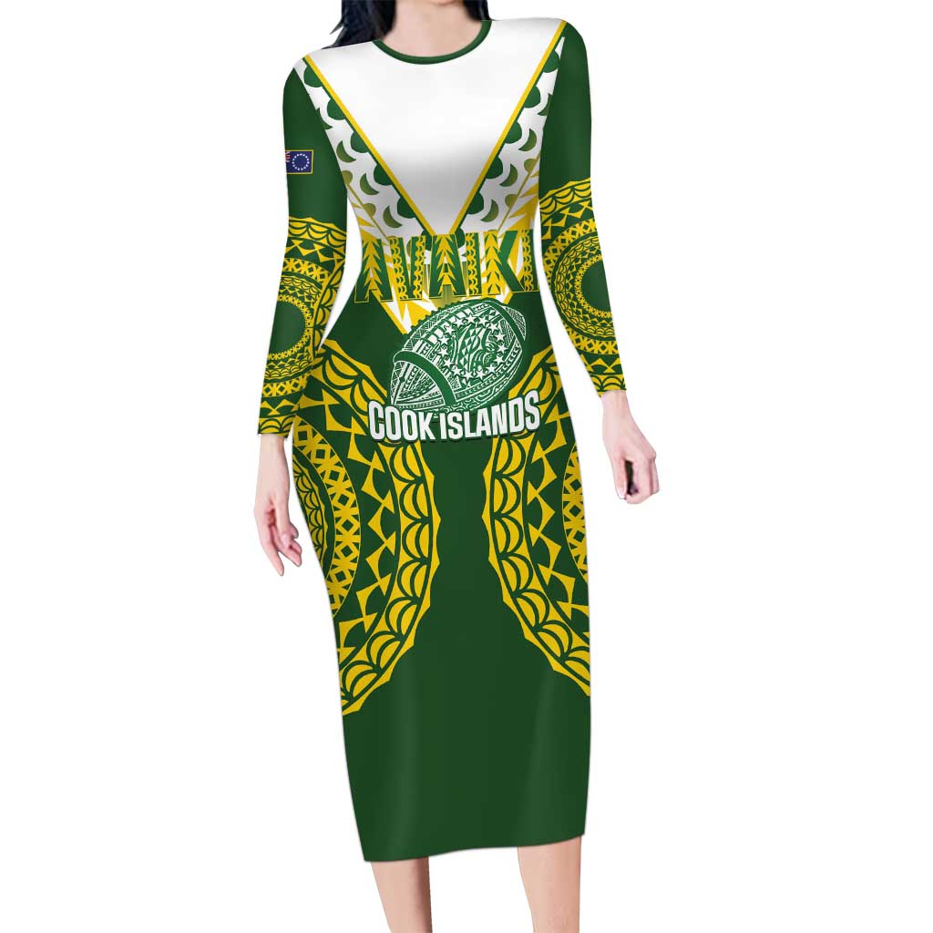 Custom Avaiki Cook Islands Rugby Long Sleeve Bodycon Dress Kuki Airani Tatau Green - Polynesian Pride