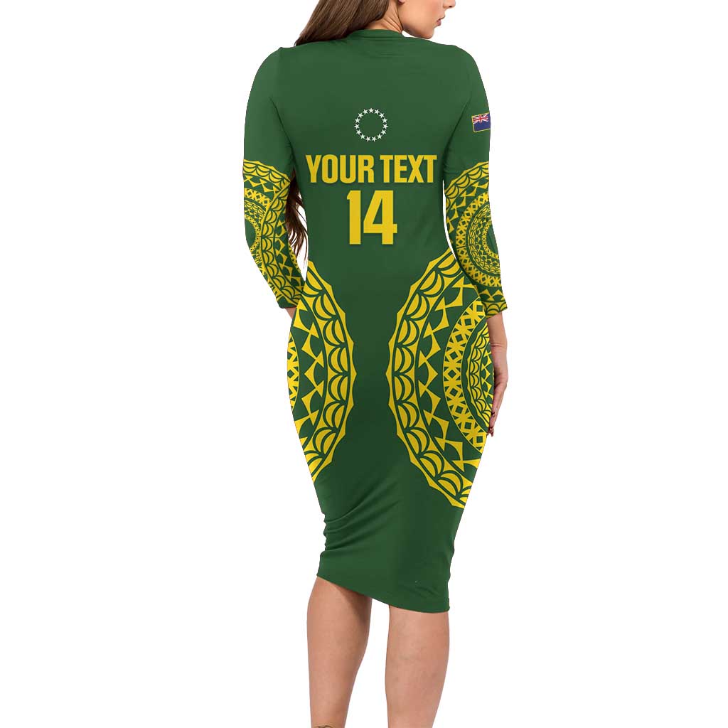 Custom Avaiki Cook Islands Rugby Long Sleeve Bodycon Dress Kuki Airani Tatau Green - Polynesian Pride