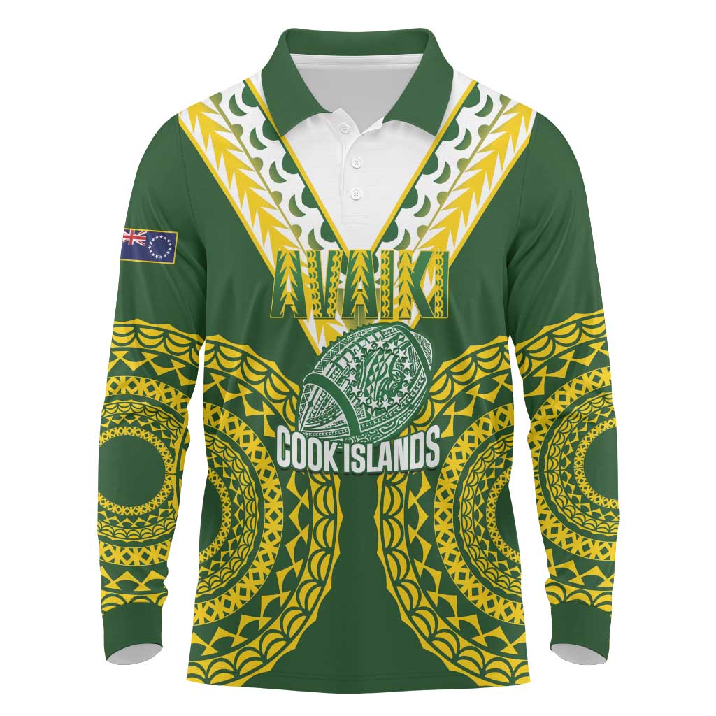 Custom Avaiki Cook Islands Rugby Long Sleeve Polo Shirt Kuki Airani Tatau Green - Polynesian Pride