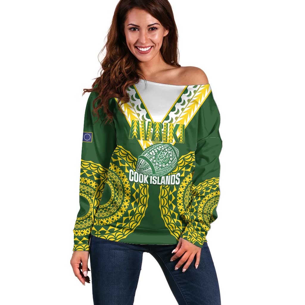 Custom Avaiki Cook Islands Rugby Off Shoulder Sweater Kuki Airani Tatau Green - Polynesian Pride