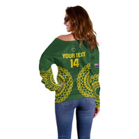 Custom Avaiki Cook Islands Rugby Off Shoulder Sweater Kuki Airani Tatau Green - Polynesian Pride