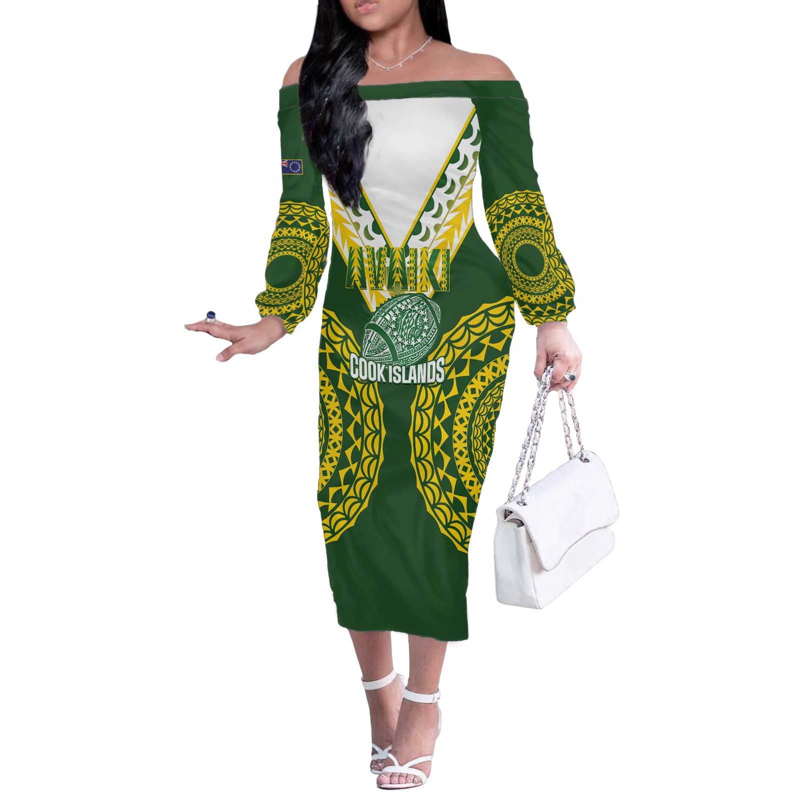 Custom Avaiki Cook Islands Rugby Off The Shoulder Long Sleeve Dress Kuki Airani Tatau Green - Polynesian Pride