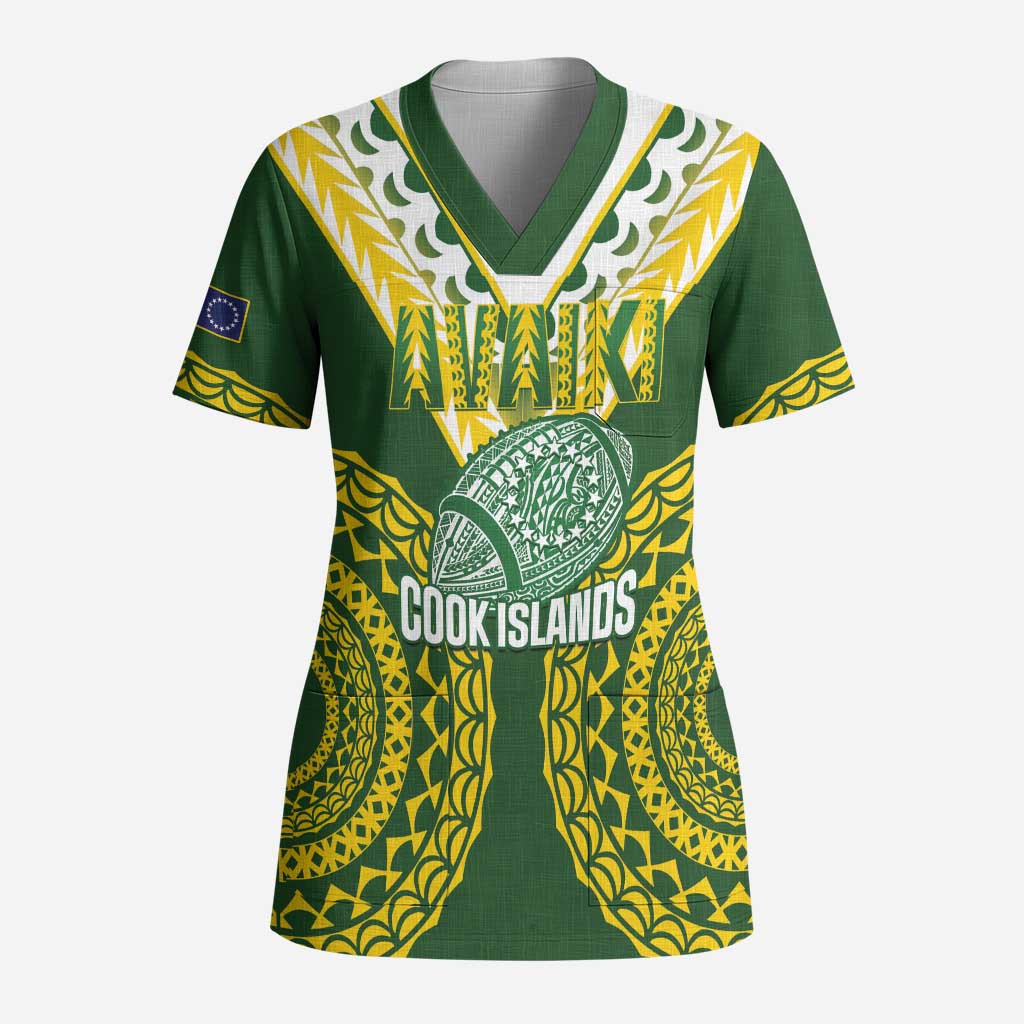 Custom Avaiki Cook Islands Rugby Scrub Top Kuki Airani Tatau Green - Polynesian Pride