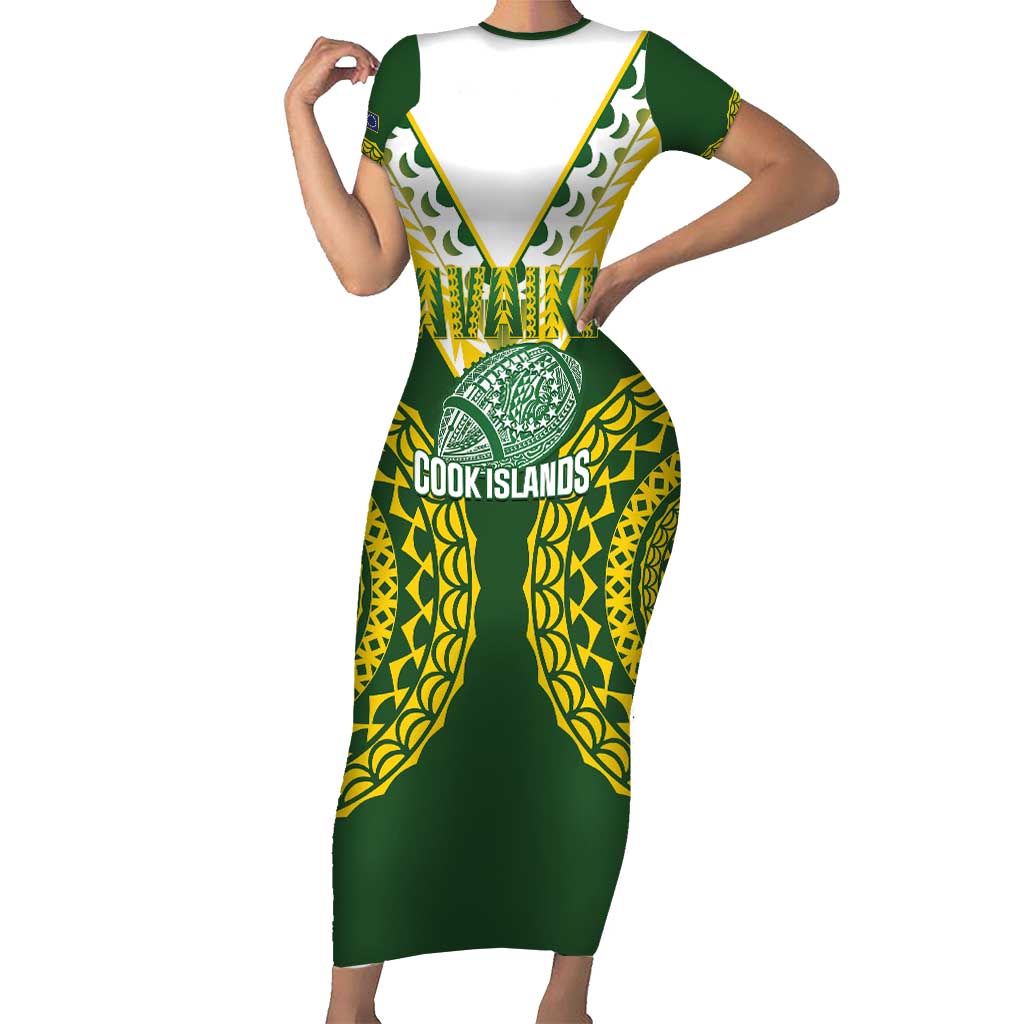 Custom Avaiki Cook Islands Rugby Short Sleeve Bodycon Dress Kuki Airani Tatau Green - Polynesian Pride