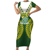 Custom Avaiki Cook Islands Rugby Short Sleeve Bodycon Dress Kuki Airani Tatau Green - Polynesian Pride