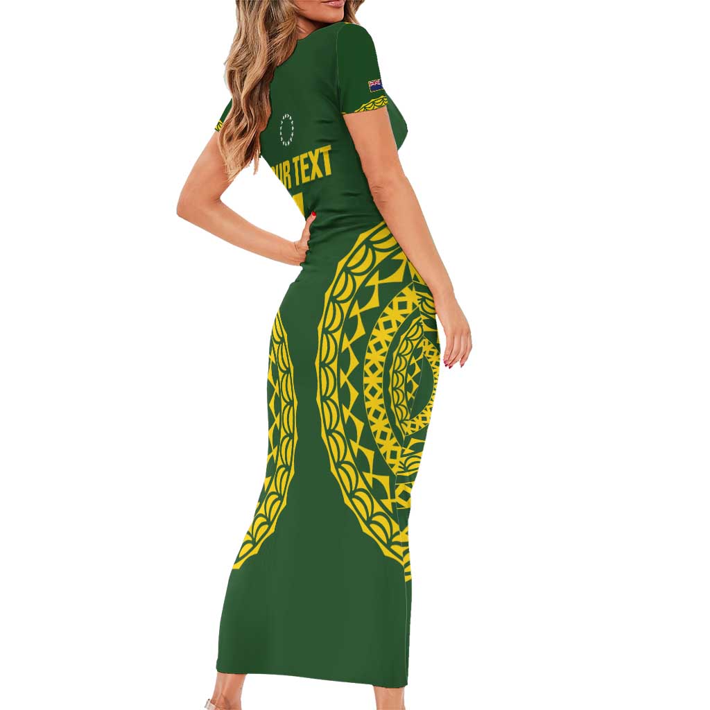 Custom Avaiki Cook Islands Rugby Short Sleeve Bodycon Dress Kuki Airani Tatau Green - Polynesian Pride