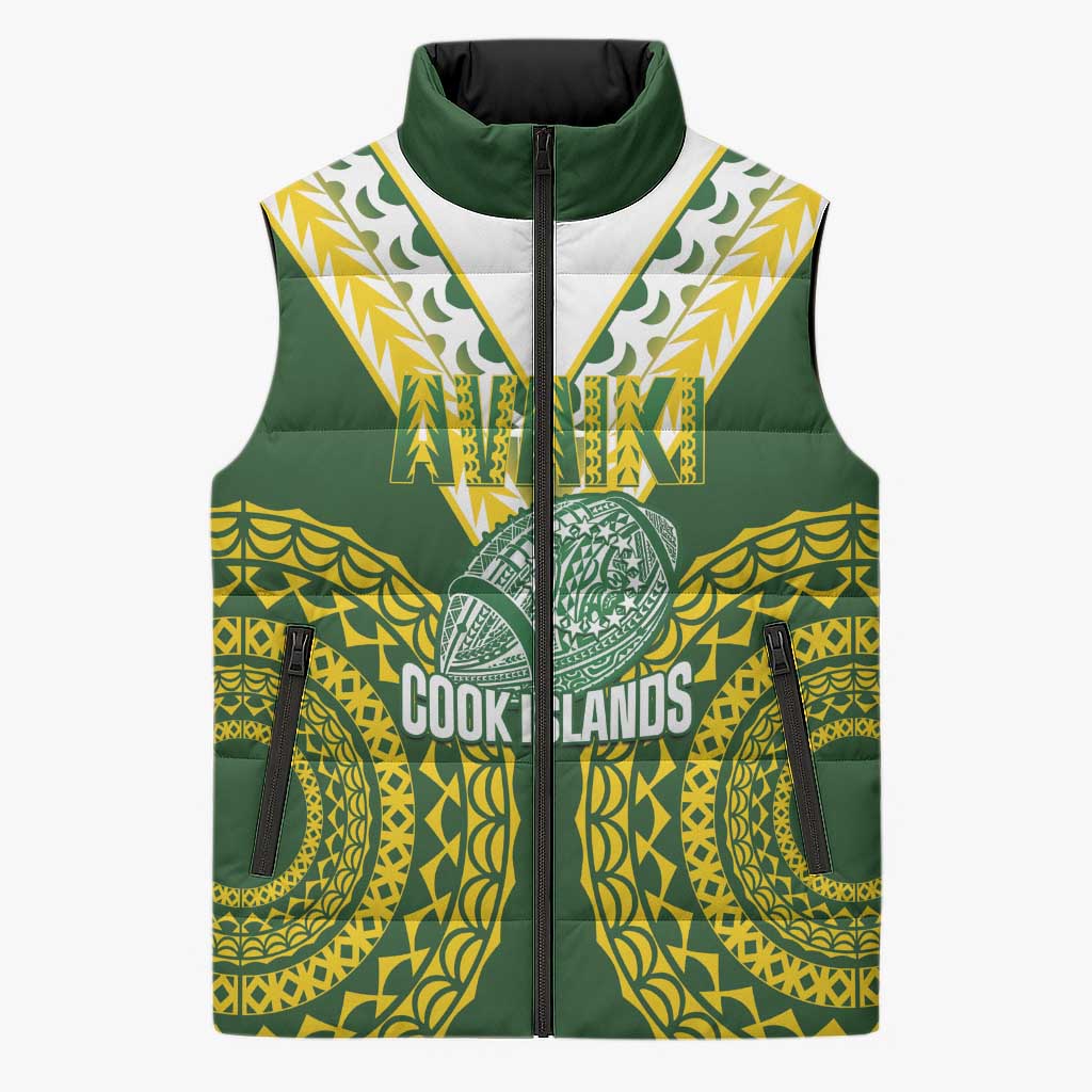 Custom Avaiki Cook Islands Rugby Sleeveless Puffer Jacket Kuki Airani Tatau Green - Polynesian Pride