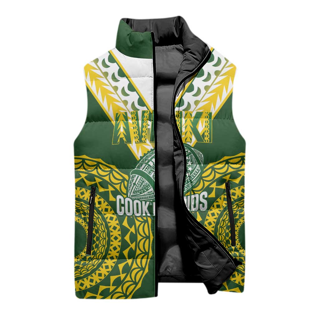 Custom Avaiki Cook Islands Rugby Sleeveless Puffer Jacket Kuki Airani Tatau Green - Polynesian Pride