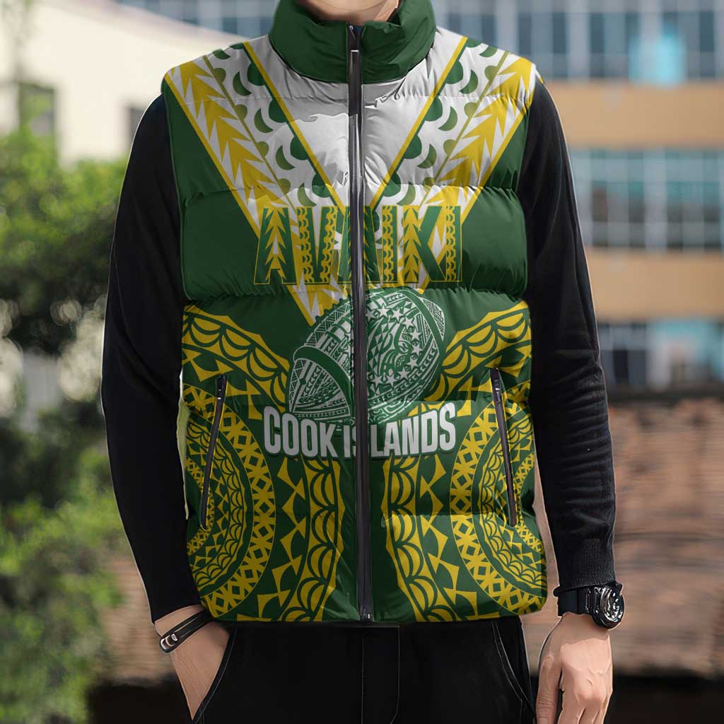 Custom Avaiki Cook Islands Rugby Sleeveless Puffer Jacket Kuki Airani Tatau Green - Polynesian Pride