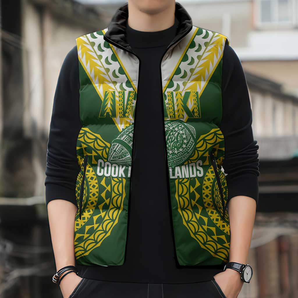 Custom Avaiki Cook Islands Rugby Sleeveless Puffer Jacket Kuki Airani Tatau Green - Polynesian Pride