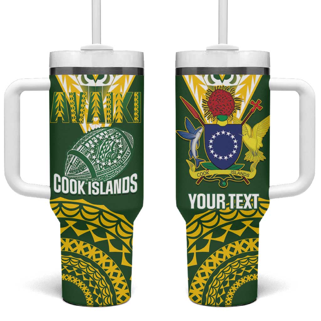 Custom Avaiki Cook Islands Rugby Tumbler With Handle Kuki Airani Tatau Green - Polynesian Pride