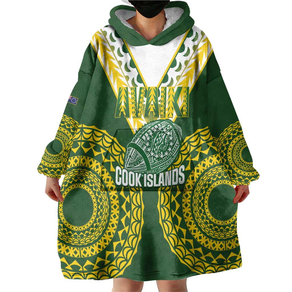 Custom Avaiki Cook Islands Rugby Wearable Blanket Hoodie Kuki Airani Tatau Green - Polynesian Pride