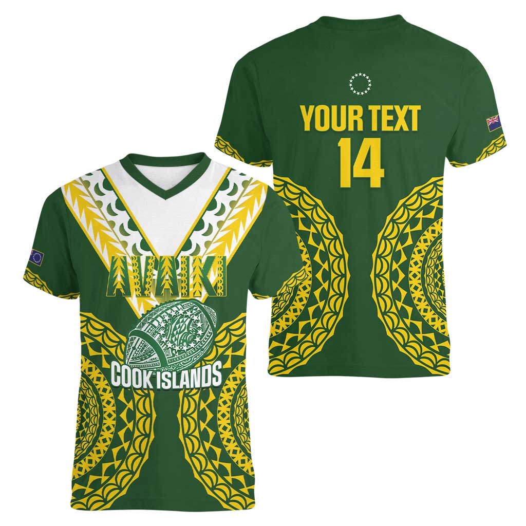 Custom Avaiki Cook Islands Rugby Women V-Neck T-Shirt Kuki Airani Tatau Green - Polynesian Pride