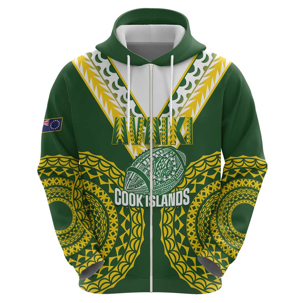 Custom Avaiki Cook Islands Rugby Zip Hoodie Kuki Airani Tatau Green - Polynesian Pride