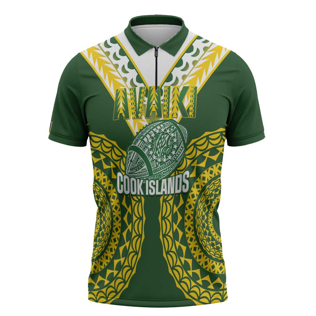 Custom Avaiki Cook Islands Rugby Zipper Polo Shirt Kuki Airani Tatau Green - Polynesian Pride