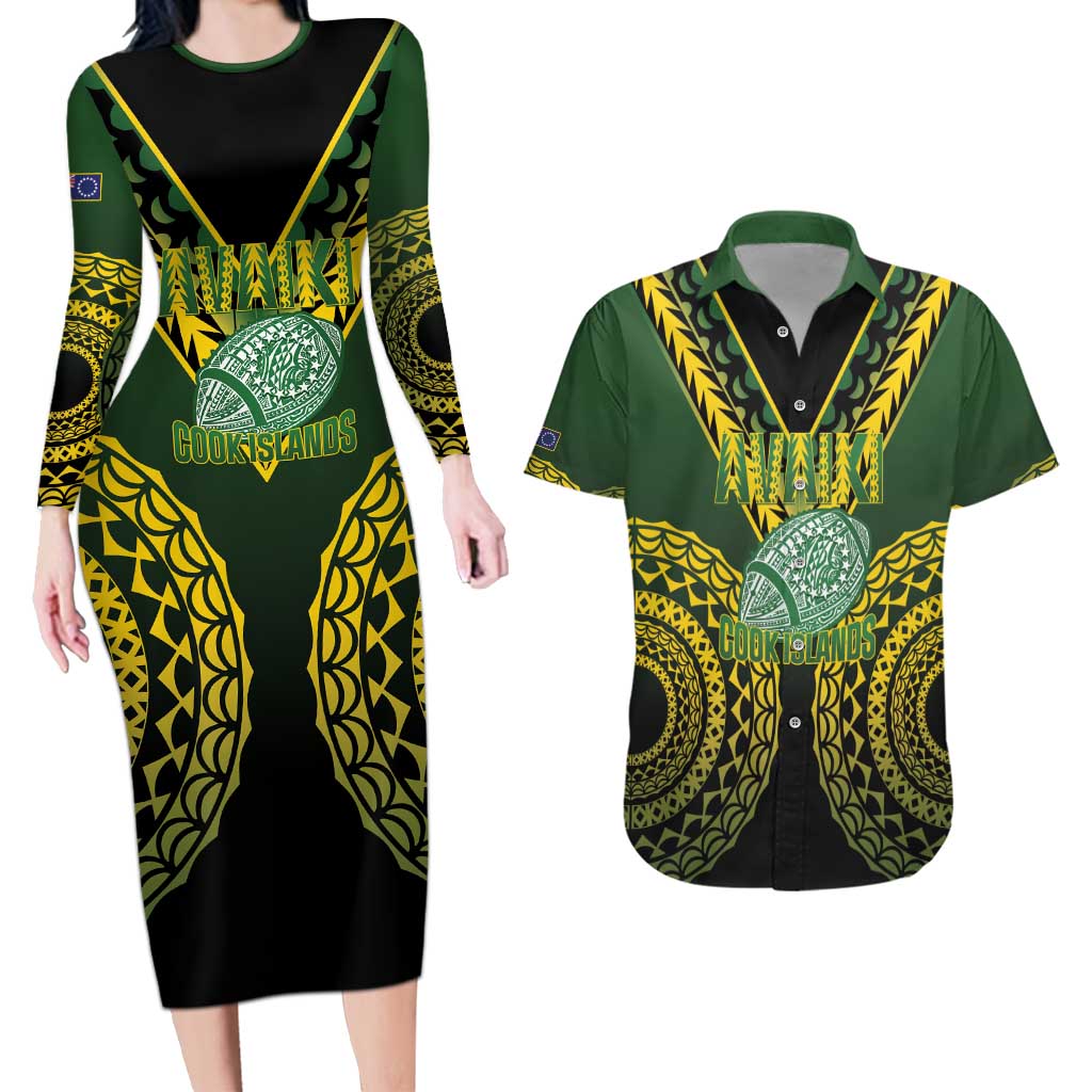 Custom Avaiki Cook Islands Rugby Couples Matching Long Sleeve Bodycon Dress and Hawaiian Shirt Kuki Airani Tatau Black - Polynesian Pride