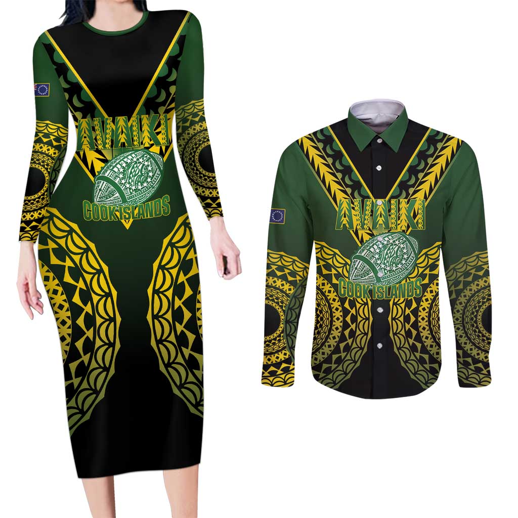 Custom Avaiki Cook Islands Rugby Couples Matching Long Sleeve Bodycon Dress and Long Sleeve Button Shirt Kuki Airani Tatau Black - Polynesian Pride