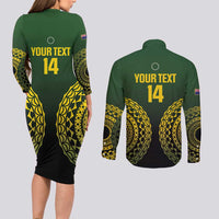 Custom Avaiki Cook Islands Rugby Couples Matching Long Sleeve Bodycon Dress and Long Sleeve Button Shirt Kuki Airani Tatau Black - Polynesian Pride