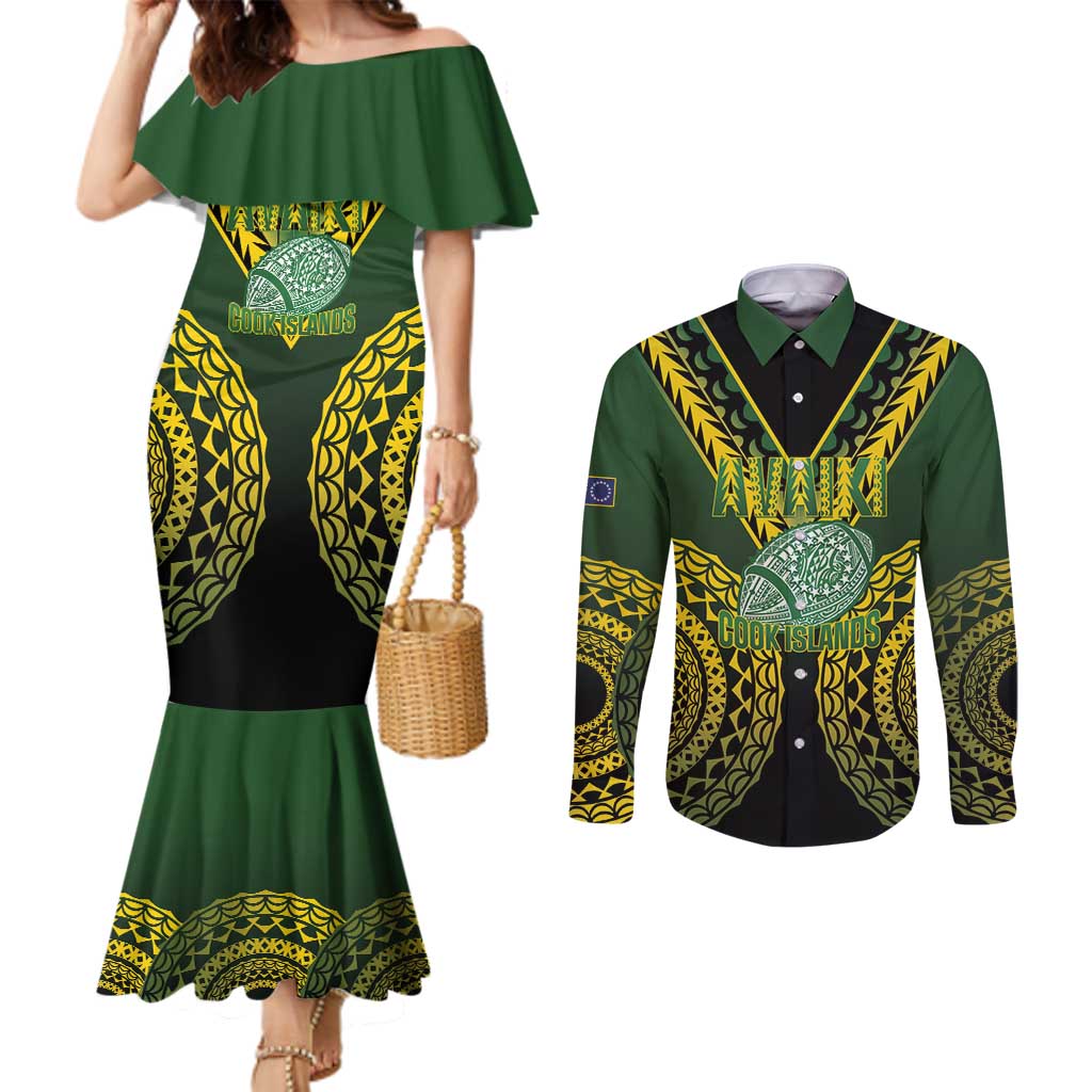 Custom Avaiki Cook Islands Rugby Couples Matching Mermaid Dress and Long Sleeve Button Shirt Kuki Airani Tatau Black - Polynesian Pride