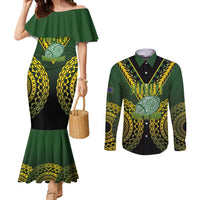 Custom Avaiki Cook Islands Rugby Couples Matching Mermaid Dress and Long Sleeve Button Shirt Kuki Airani Tatau Black - Polynesian Pride